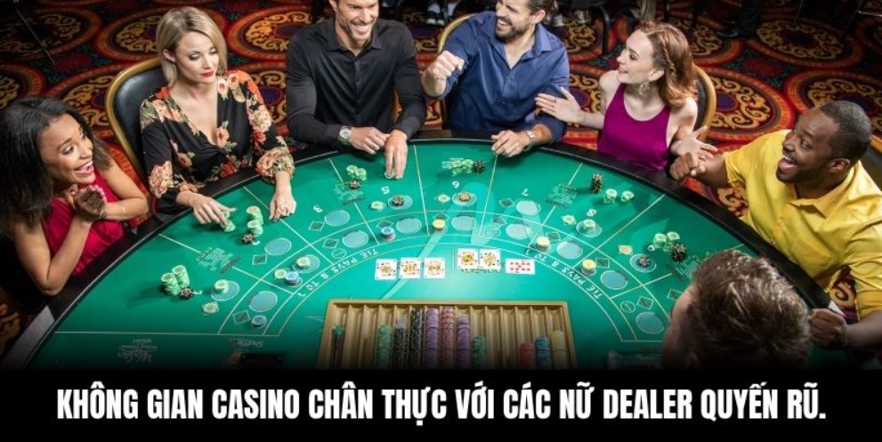 Không gian casino trực tuyến chân thực với các nữ dealer quyến rũ.